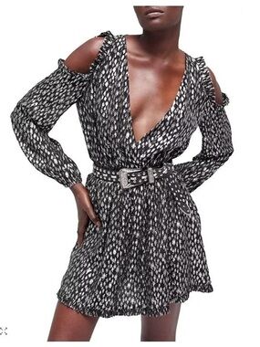The Kooples Black & Cream Cold-Shoulder Smock-Waist Long Sleeve Dress